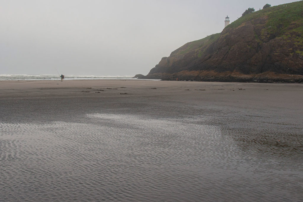 fisherman walks across the wet sand of the beach to the surf on a foggy morning at Cape Disappointment, close to the rocky crag where the lighthouse sits beside two wind-formed trees